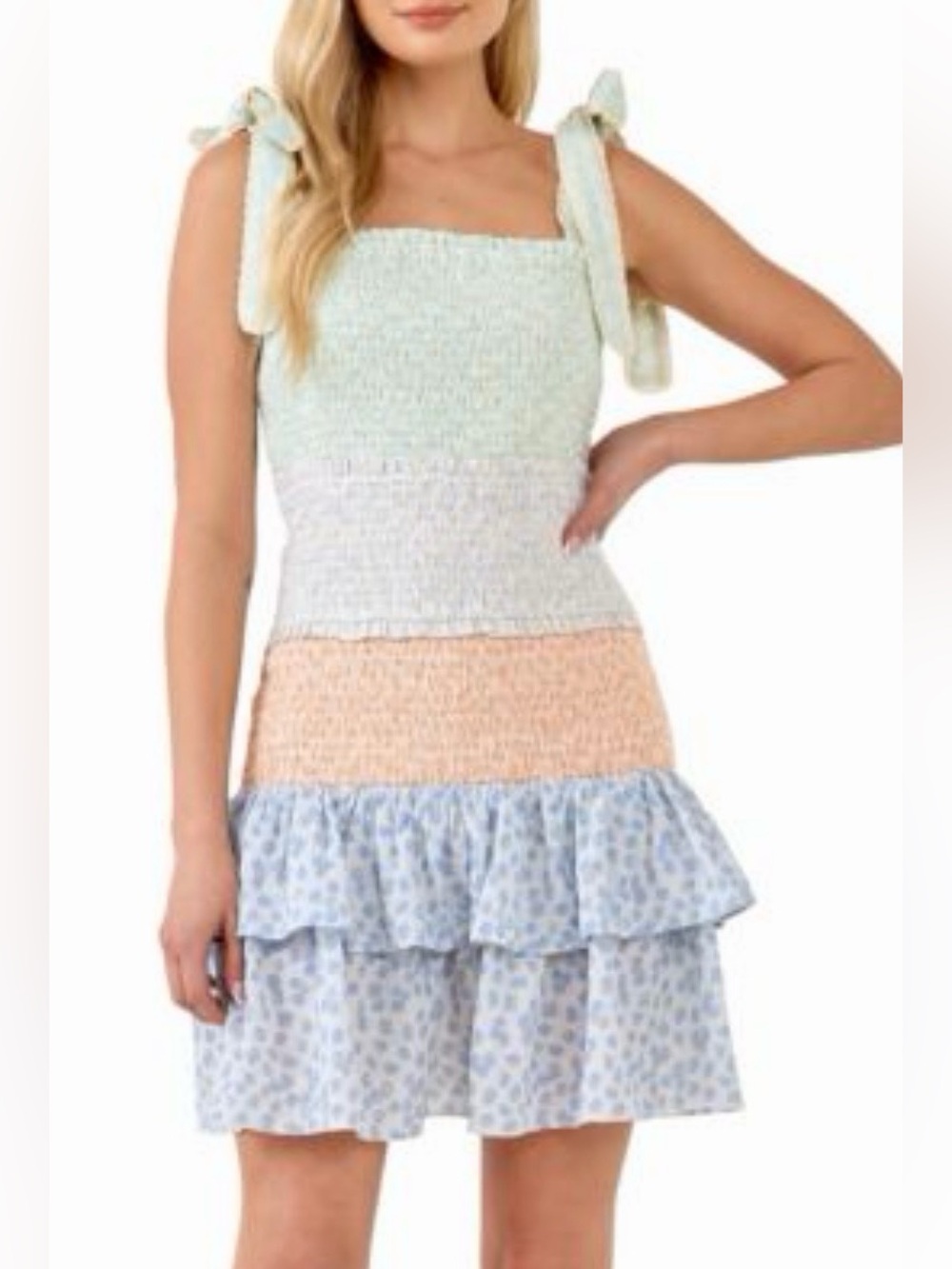 NWT Free The Roses Embroidered Tie Strap Smocked Detail Colorblock Mini Dress L